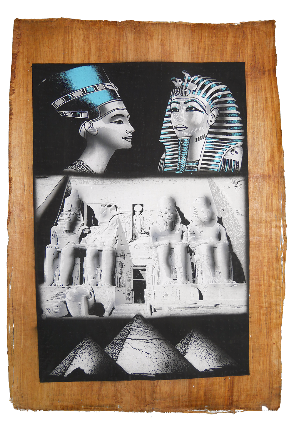 Handmade Egyptian papyrus painting: Nefertiti, Tutankhamun and Abu Simbel — Collage