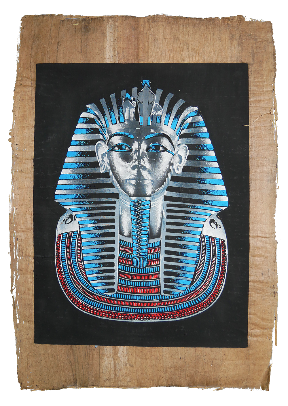 Handmade Egyptian papyrus painting: Tutankhamun — Mask in Silver, Blue and Red