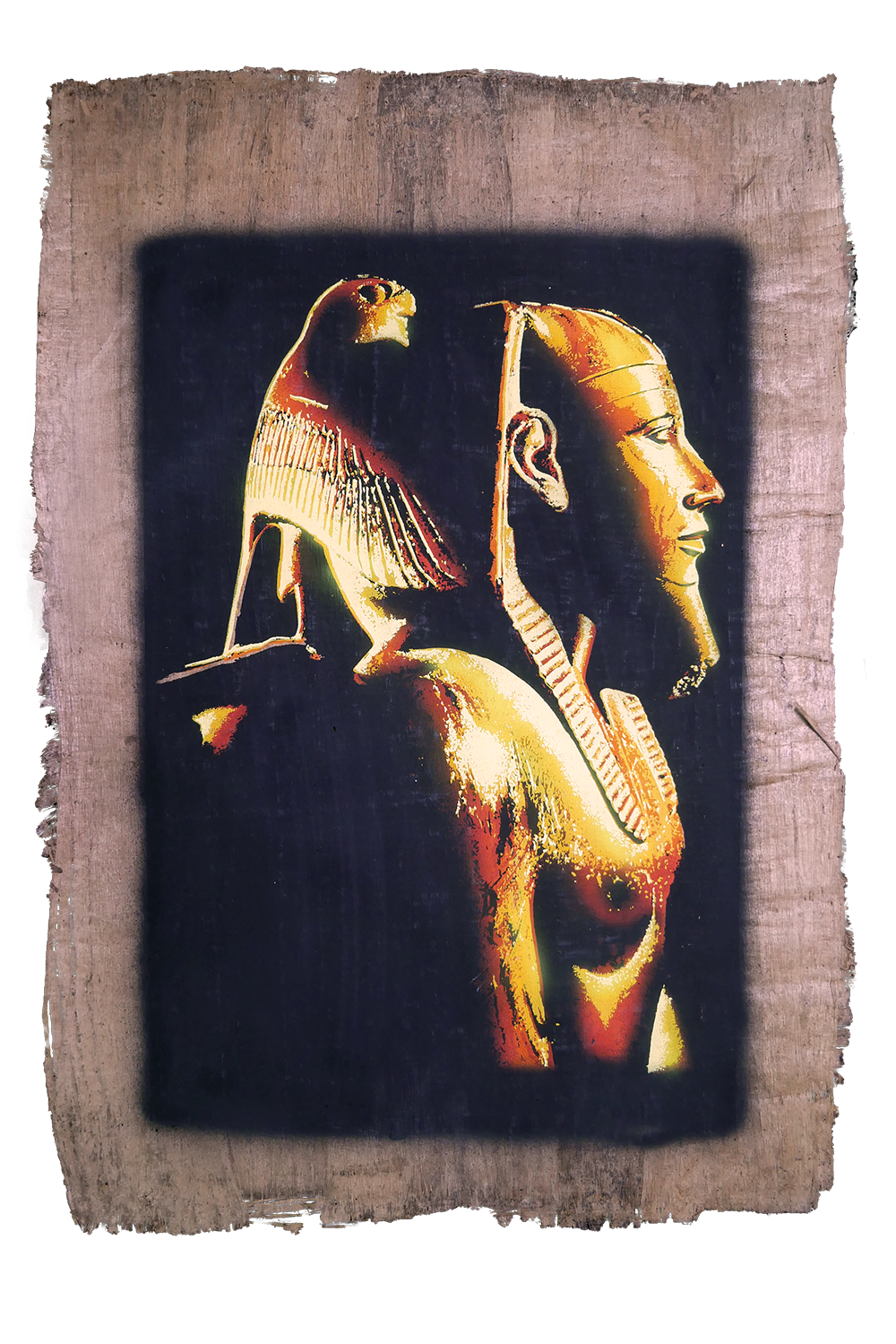 Handmade Egyptian papyrus painting: Horus Falcon and Pharaoh — Gold on Black