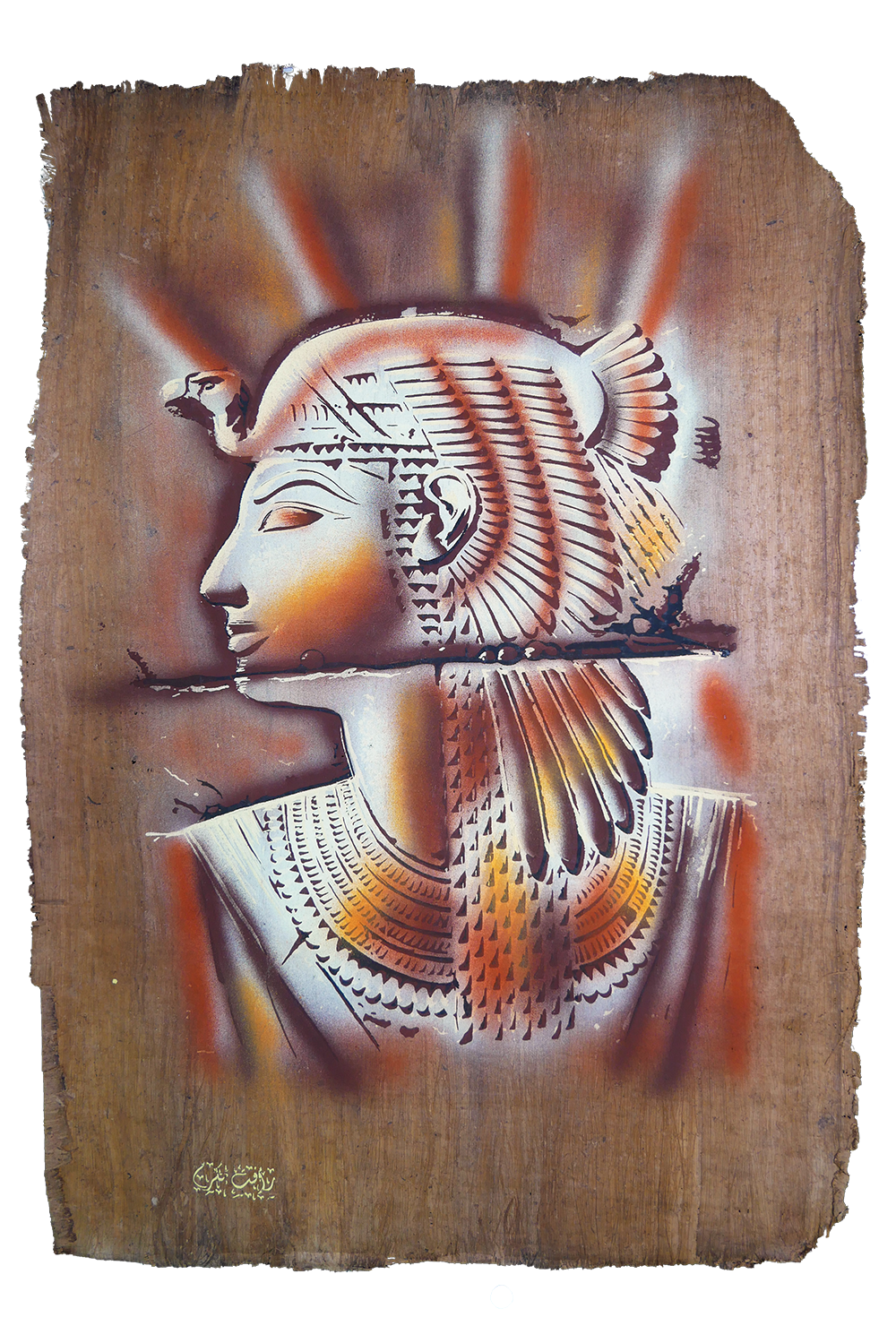 Handmade Egyptian papyrus painting: Cleopatra with the Vulture Headdress — Orange Tones
