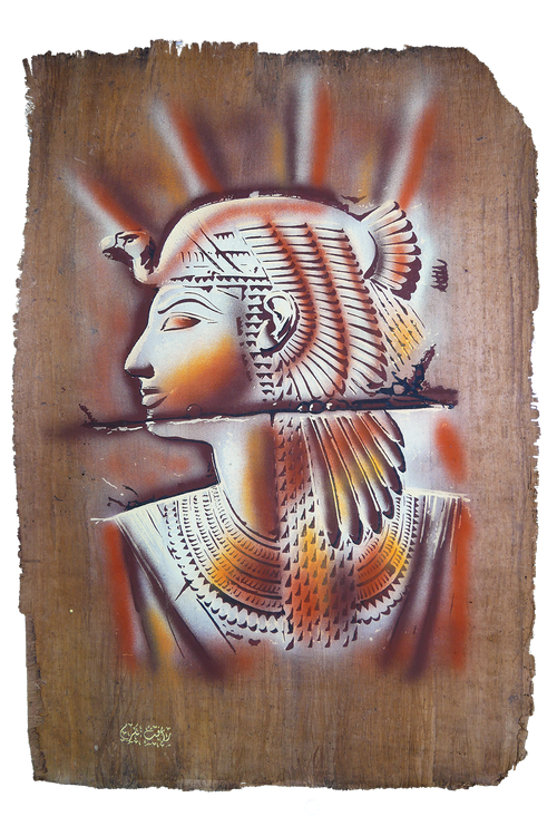 Handmade Egyptian papyrus painting: Cleopatra with the Vulture Headdress — Orange Tones