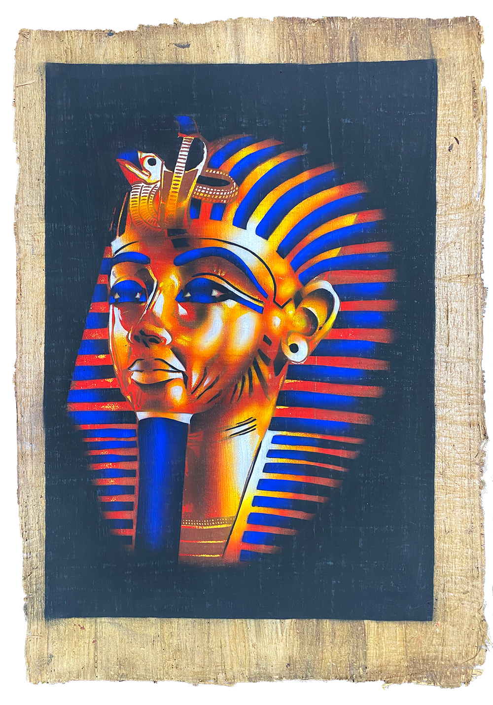 Handmade Egyptian papyrus painting: Tutankhamun — Mask in Vivid Colour Stripes