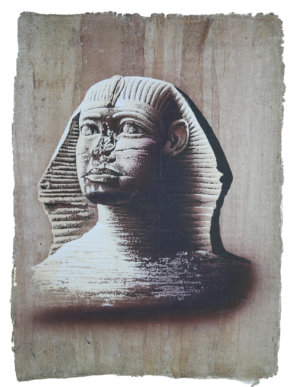 Handmade Egyptian papyrus painting: Head of the Great Sphinx — Photorealistic Black and White