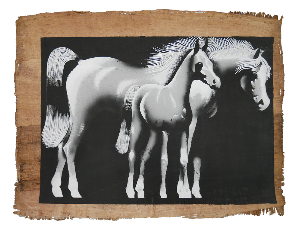 Handmade Egyptian papyrus painting: Two White Arabian Horses