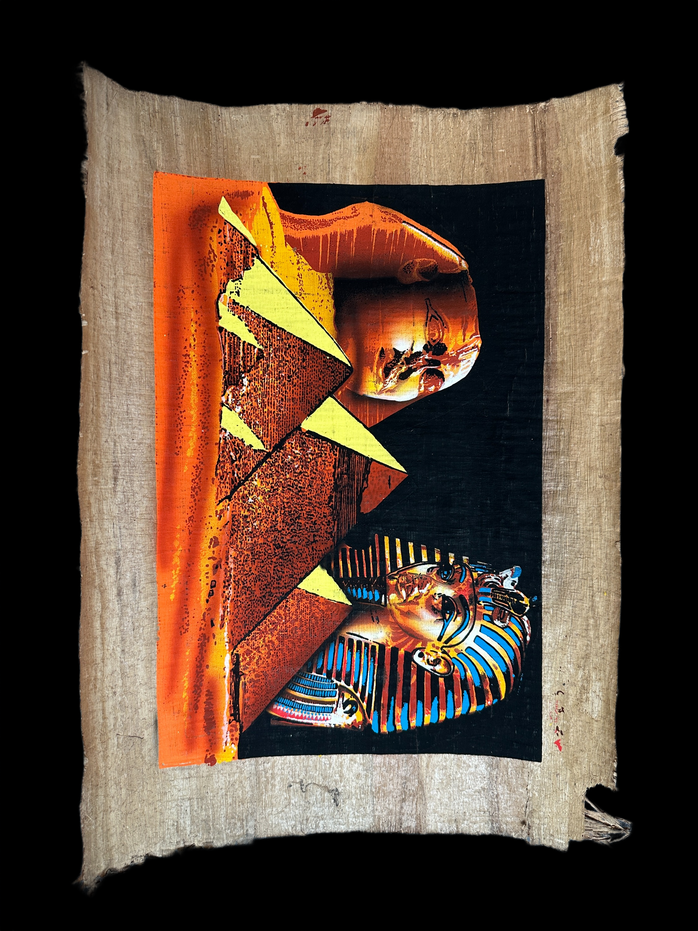 Handmade Egyptian papyrus painting: Tutankhamun & the Sphinx at Sunset