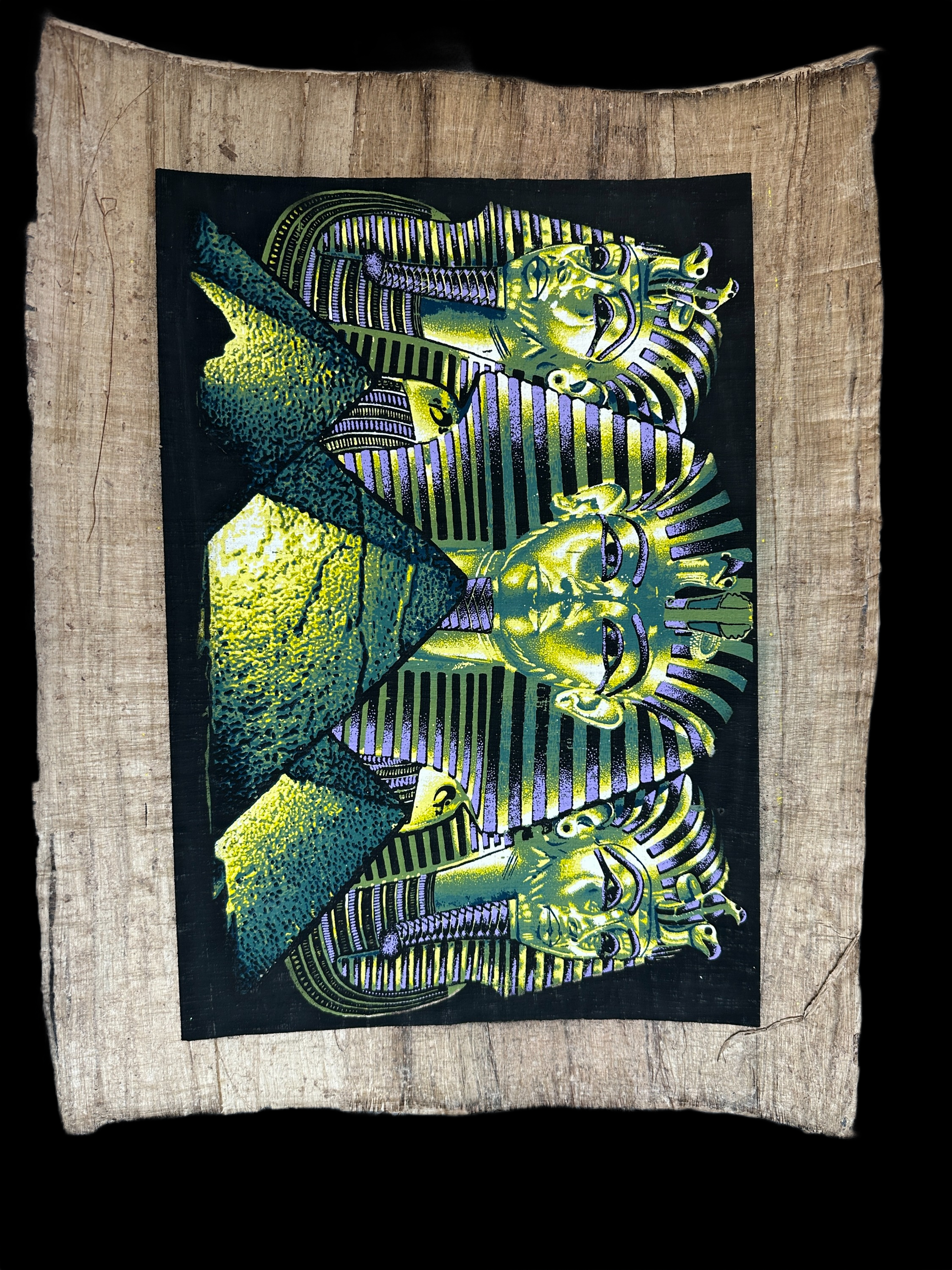 Handmade Egyptian papyrus painting: Three Masks of Tutankhamun - Emerald Night