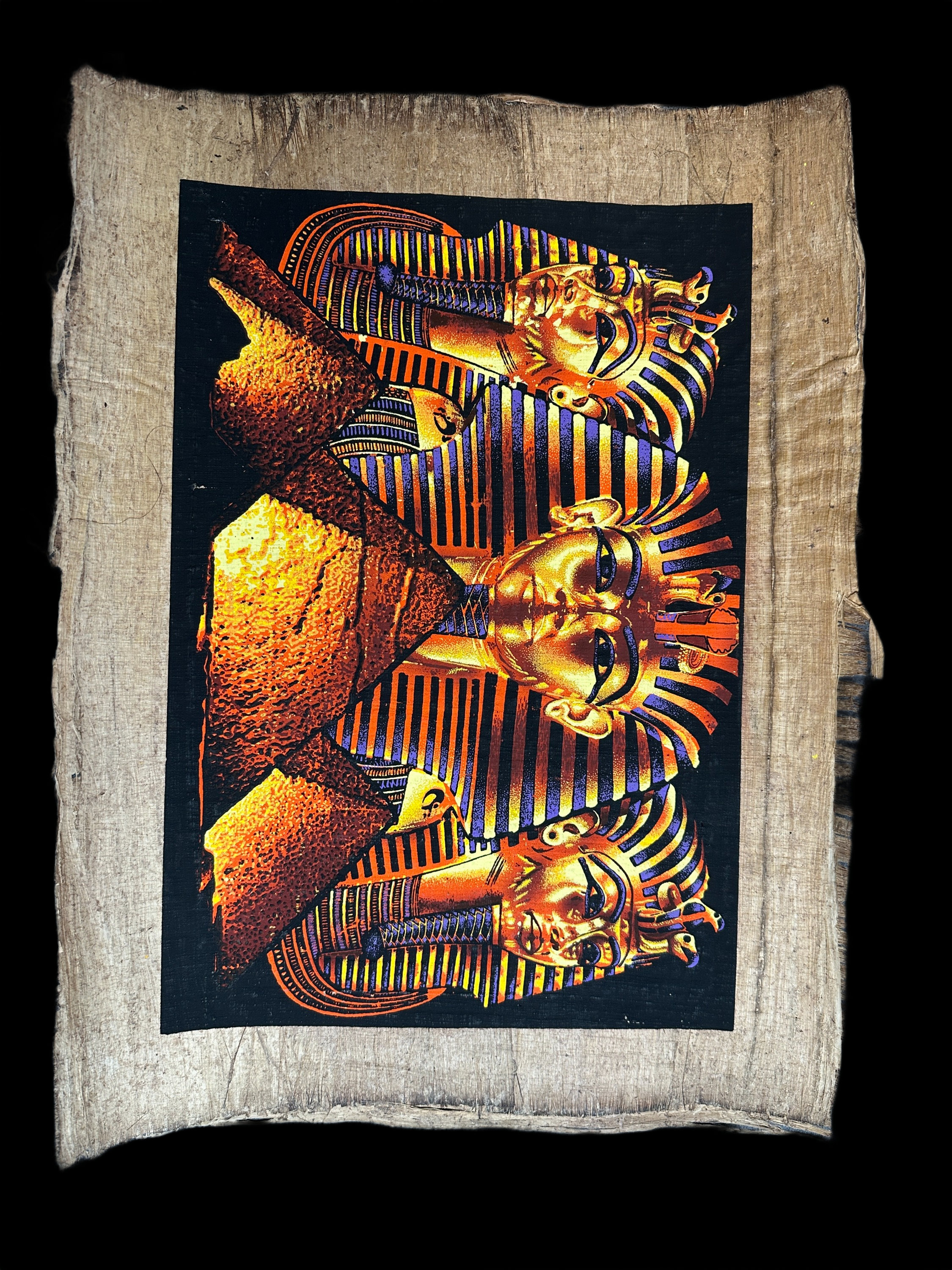 Handmade Egyptian papyrus painting: Three Masks of Tutankhamun - Golden Fire