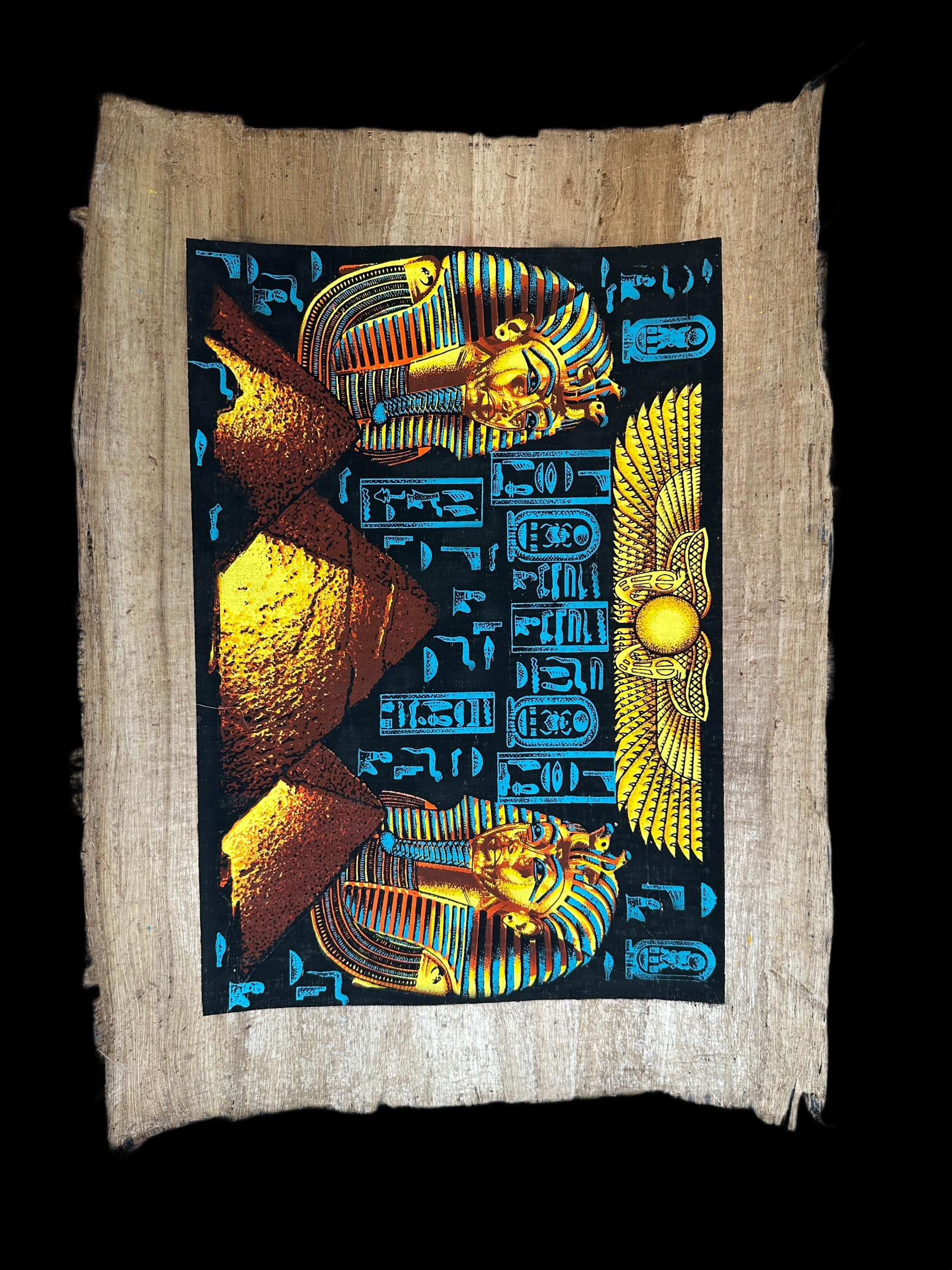 Handmade Egyptian papyrus painting: Twin Masks & the Winged Sun - Gold