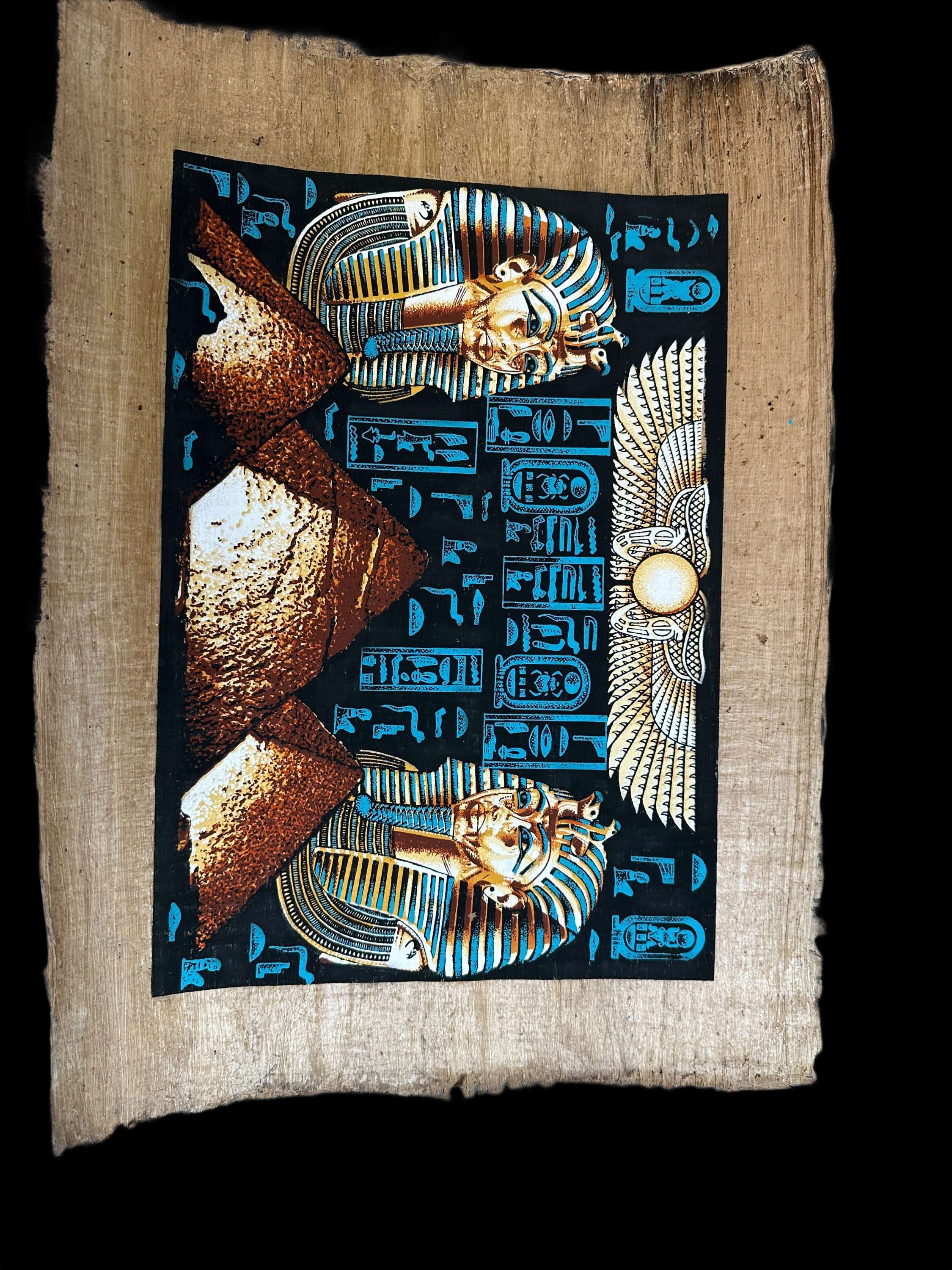 Handmade Egyptian papyrus painting: Twin Masks & the Winged Sun - Turquoise