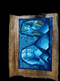 Handmade Egyptian papyrus painting: Sphinx & Golden Mask in Moonlight Blue