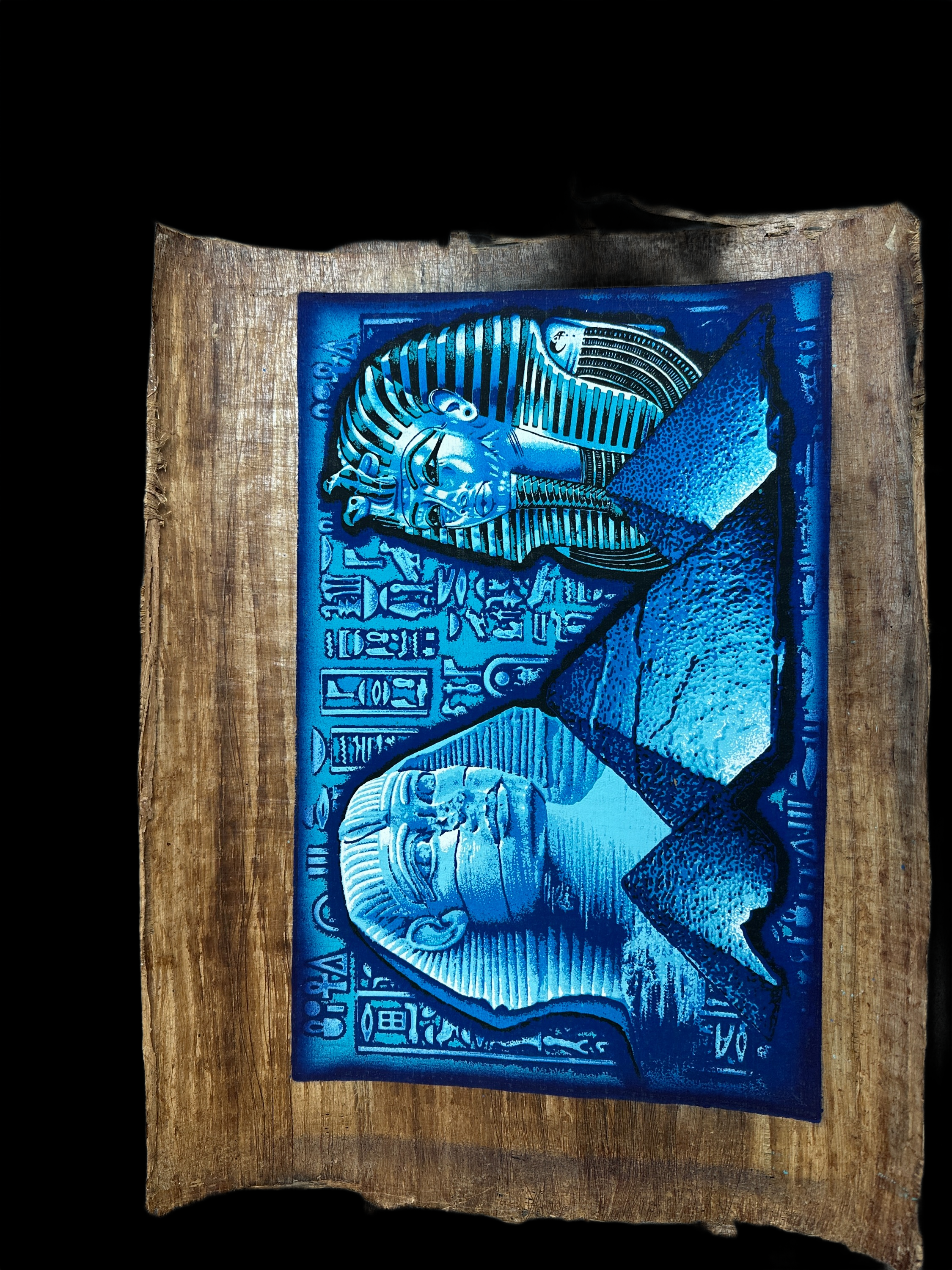 Handmade Egyptian papyrus painting: Sphinx & Golden Mask in Moonlight Blue