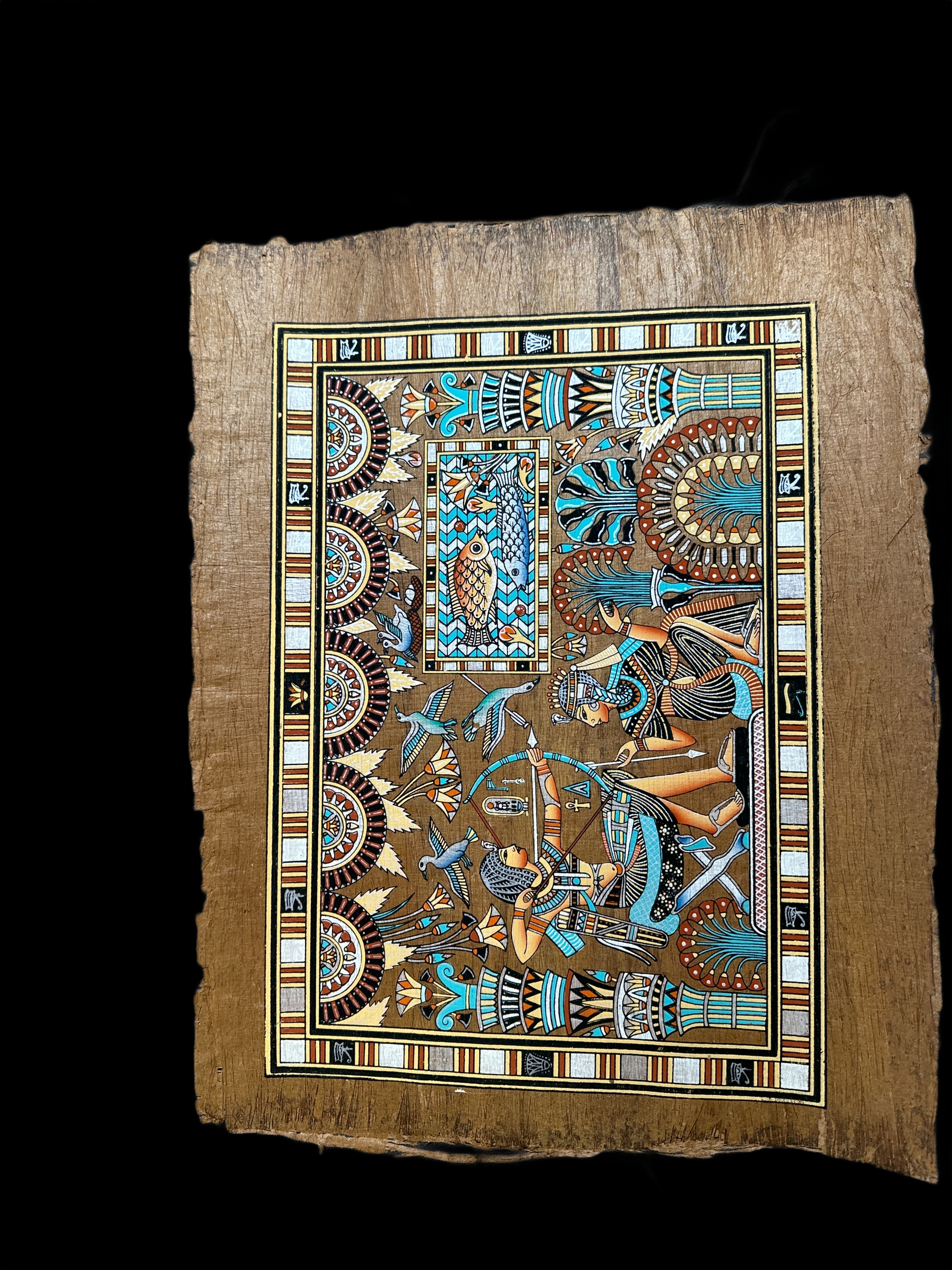 Handmade Egyptian papyrus painting: Royal Hunt in the Papyrus Marshes
