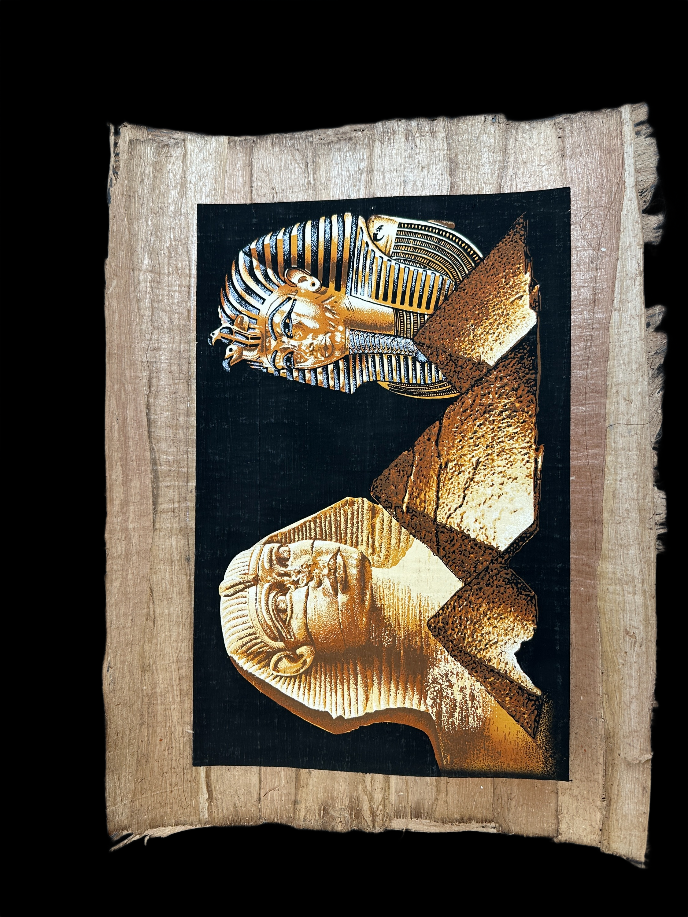 Handmade Egyptian papyrus painting: Treasures of Egypt - Mask, Sphinx & Pyramids