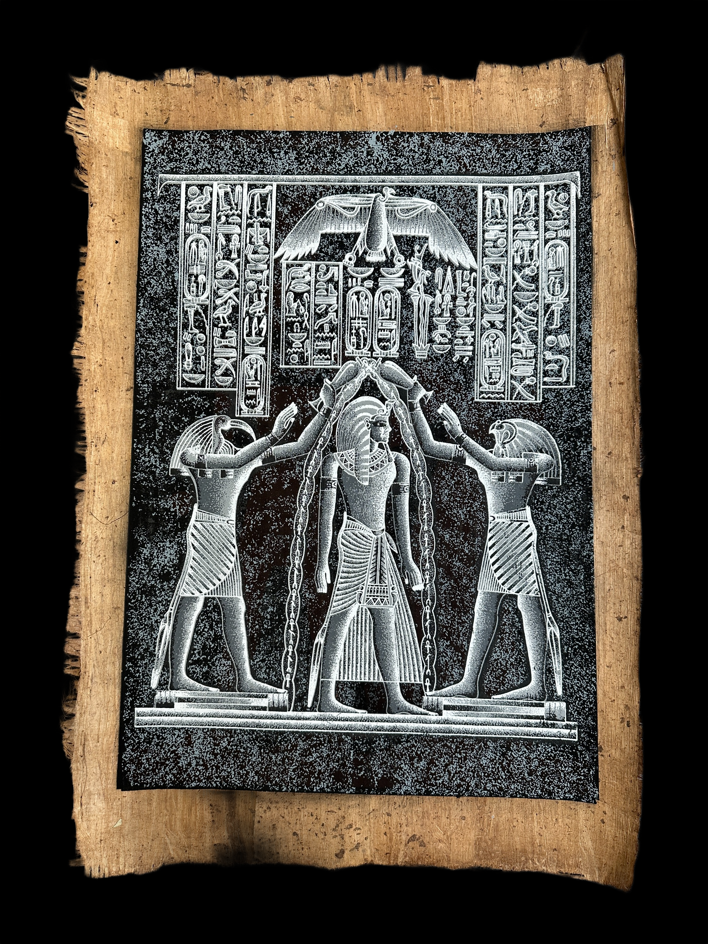 Handmade Egyptian papyrus painting: Coronation of the Pharaoh - Horus & Thoth