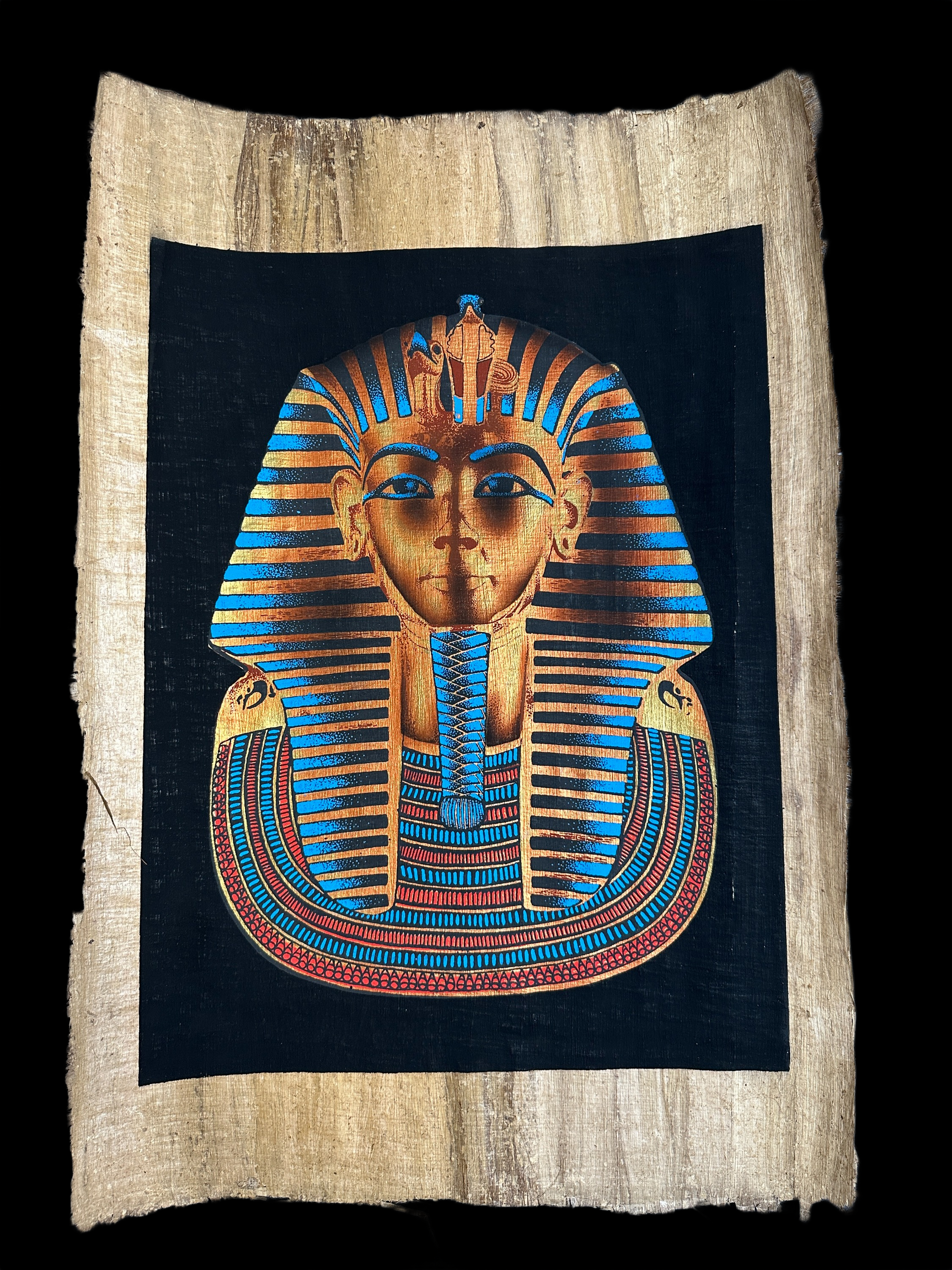 Handmade Egyptian papyrus painting: Golden Mask of Tutankhamun - Turquoise & Gold