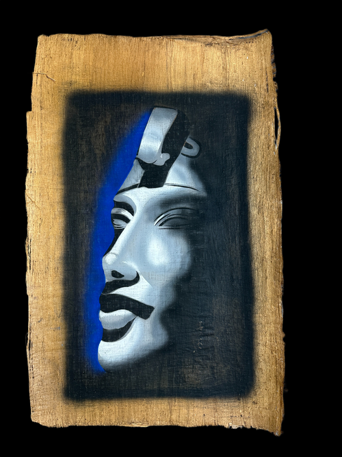Handmade Egyptian papyrus painting: Akhenaten - Portrait in Silver & Blue