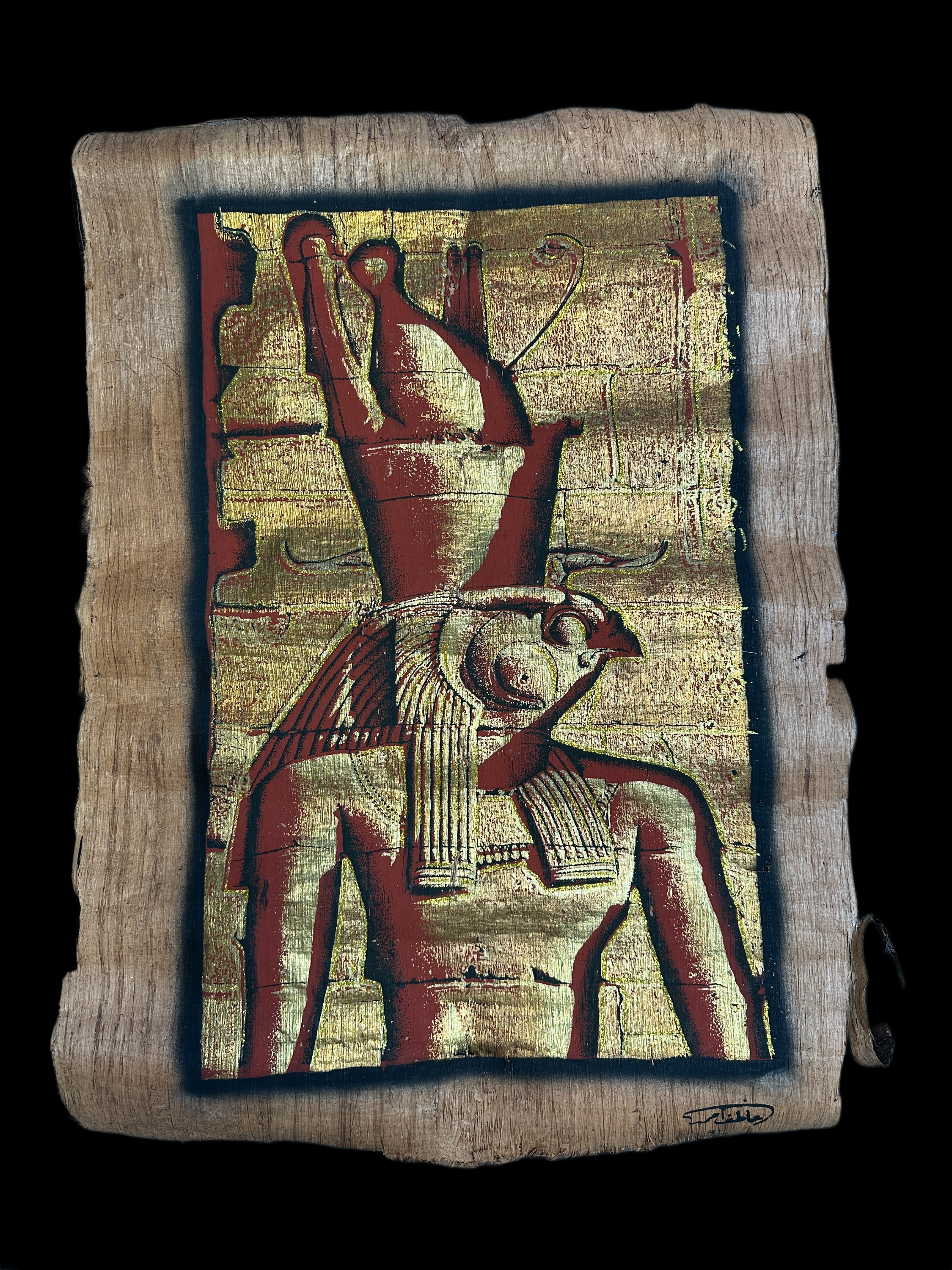 Handmade Egyptian papyrus painting: Horus of Edfu - Falcon God in Red & Gold