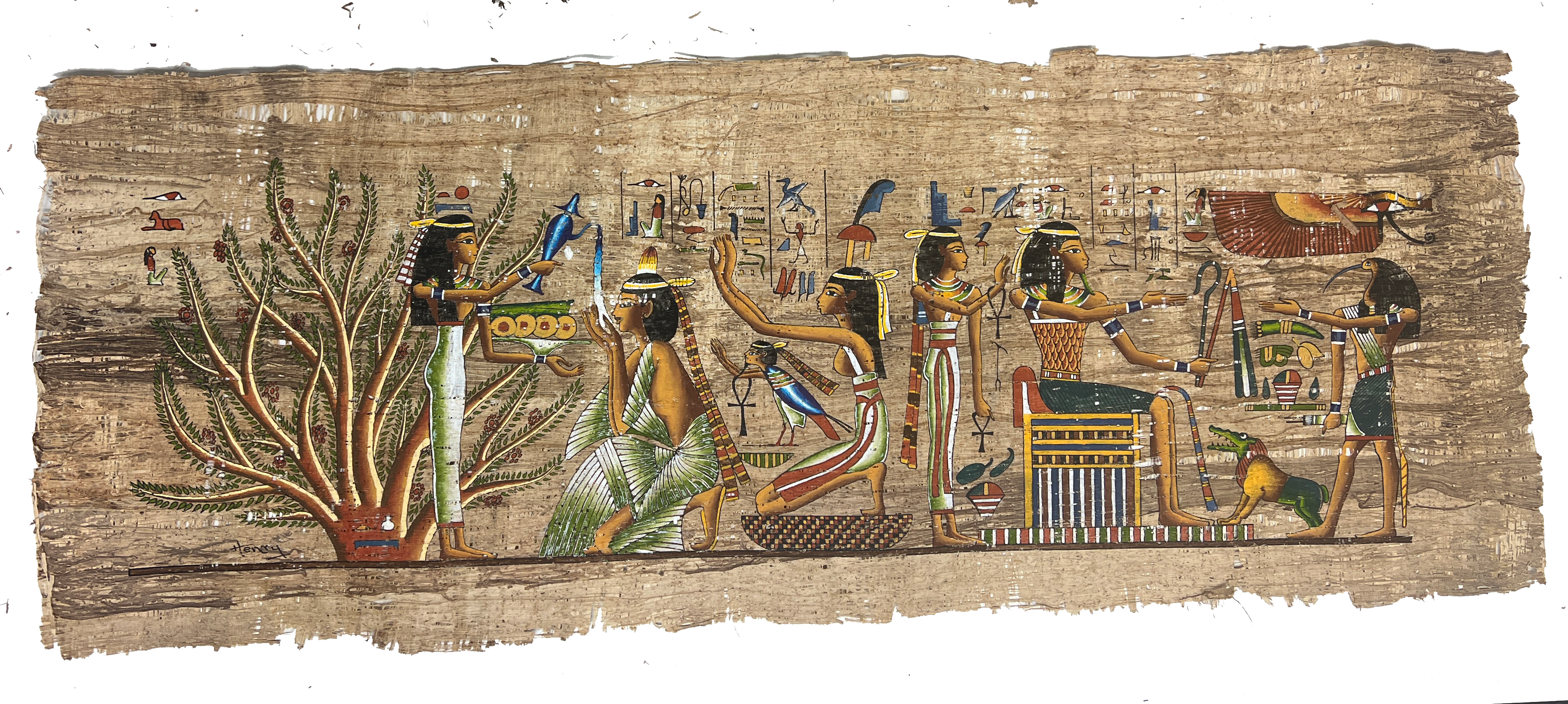 Opfergaben und Ritualszene – Authentisches ägyptisches Papyrus-Gemälde