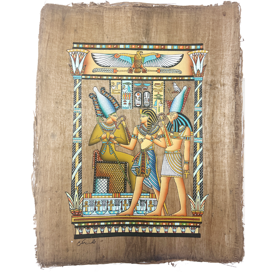 Pharao im Thronsaal mit Priestern – Authentisches ägyptisches Papyrus-Gemälde