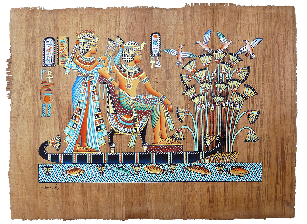 Das Königspaar auf der Nil-Barke – Authentisches ägyptisches Papyrus-Gemälde